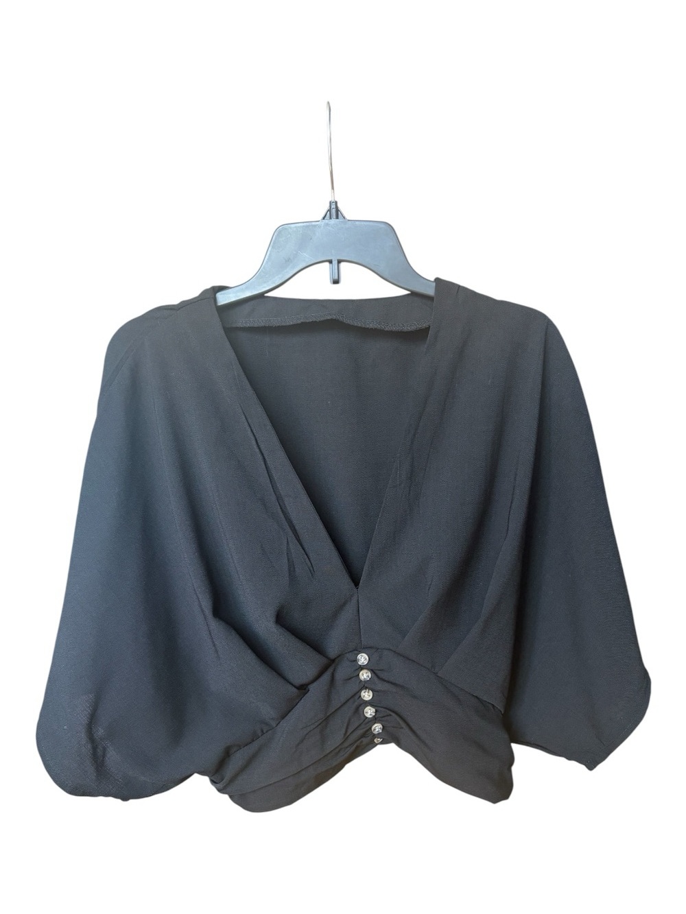 SHEIN Black Draped V-Neck Blouse with Button Detail